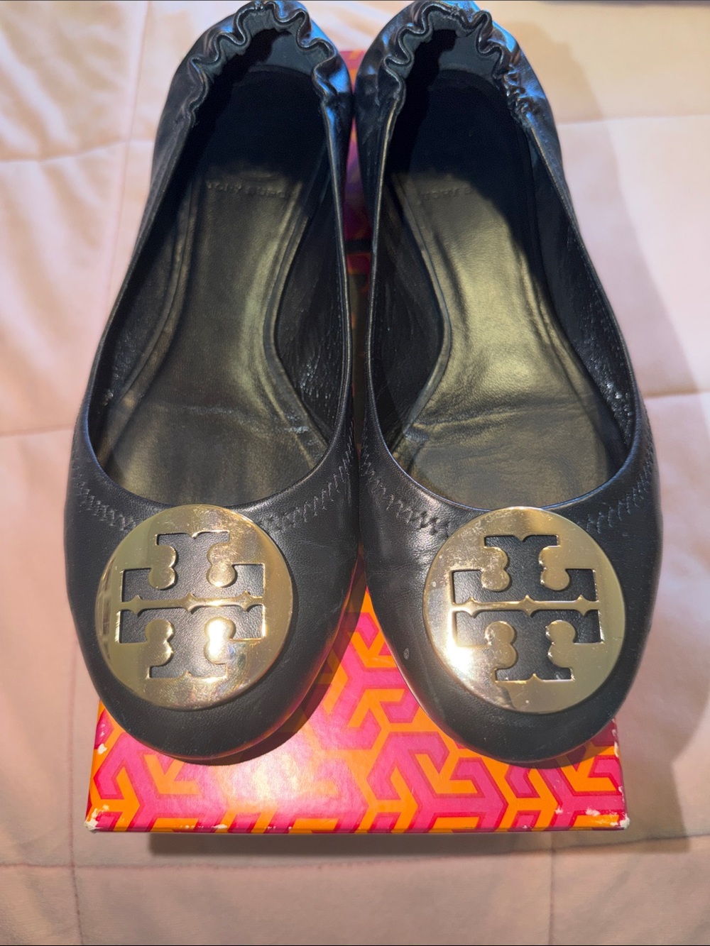 Tory Burch Black Leather Logo Medallion Ballet Flats